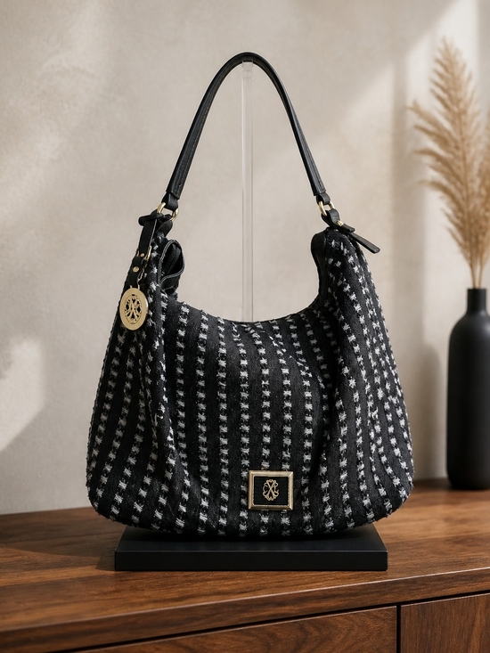 Christian Lacroix Handbags - Christian Lacroix Black and White Patterned Hobo Bag with Gold Accents